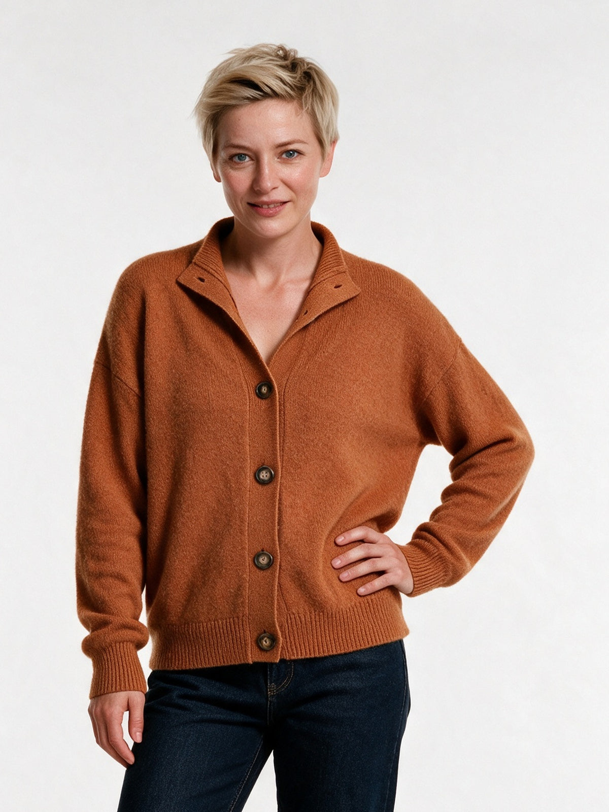 Giulia - Women's Soft Collared Button Front Cardigan - Rust