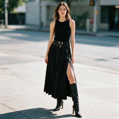 Grace - Elegant Pleated Black Maxi Skirt for Women