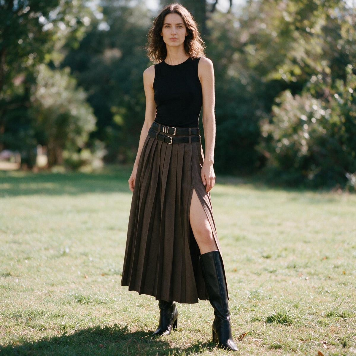 Grace - Elegant Pleated Black Maxi Skirt for Women