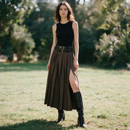 Grace - Elegant Pleated Black Maxi Skirt for Women
