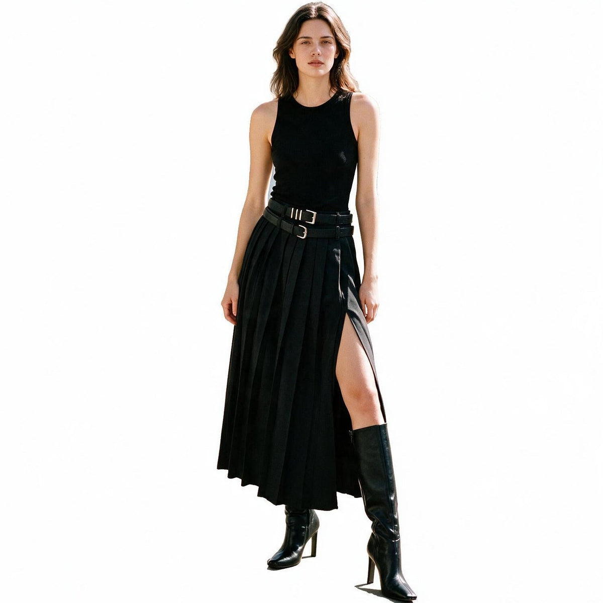 Grace - Elegant Pleated Black Maxi Skirt for Women
