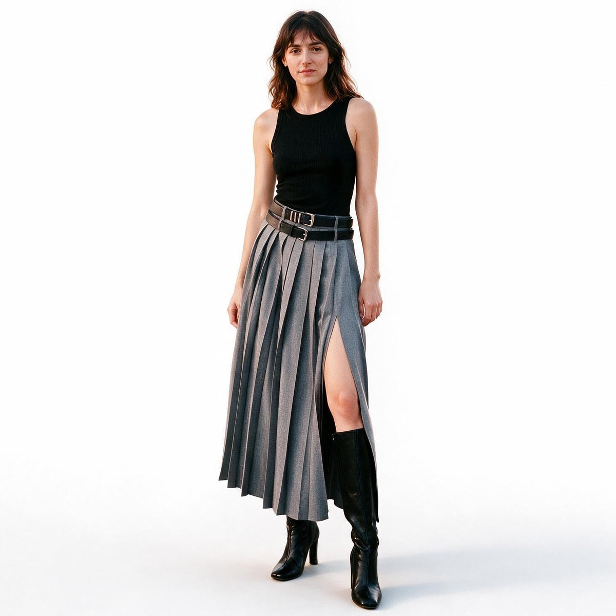 Grace - Elegant Pleated Black Maxi Skirt for Women