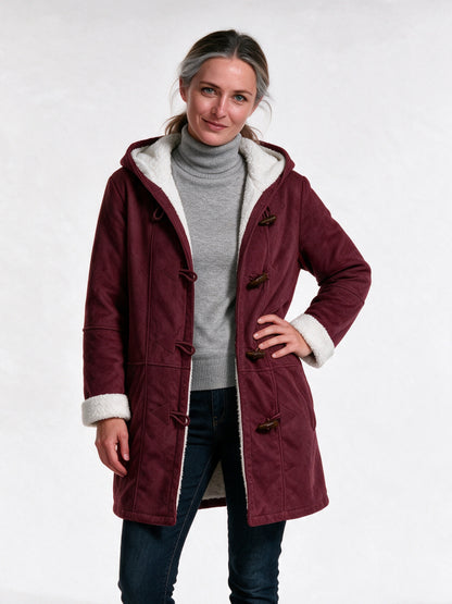 Hedda - Women's Hooded Toggle Coat with Soft Lining - Burgundy