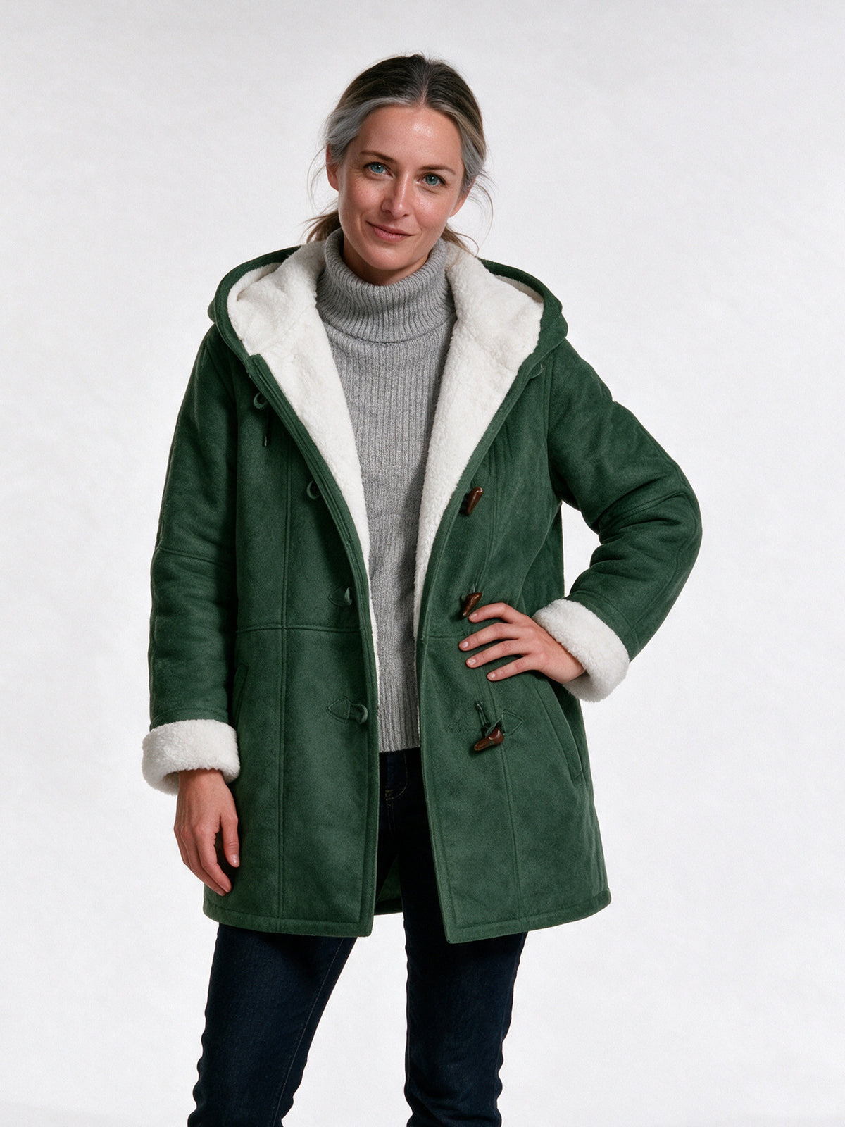 Hedda - Women's Hooded Toggle Coat with Soft Lining - Green