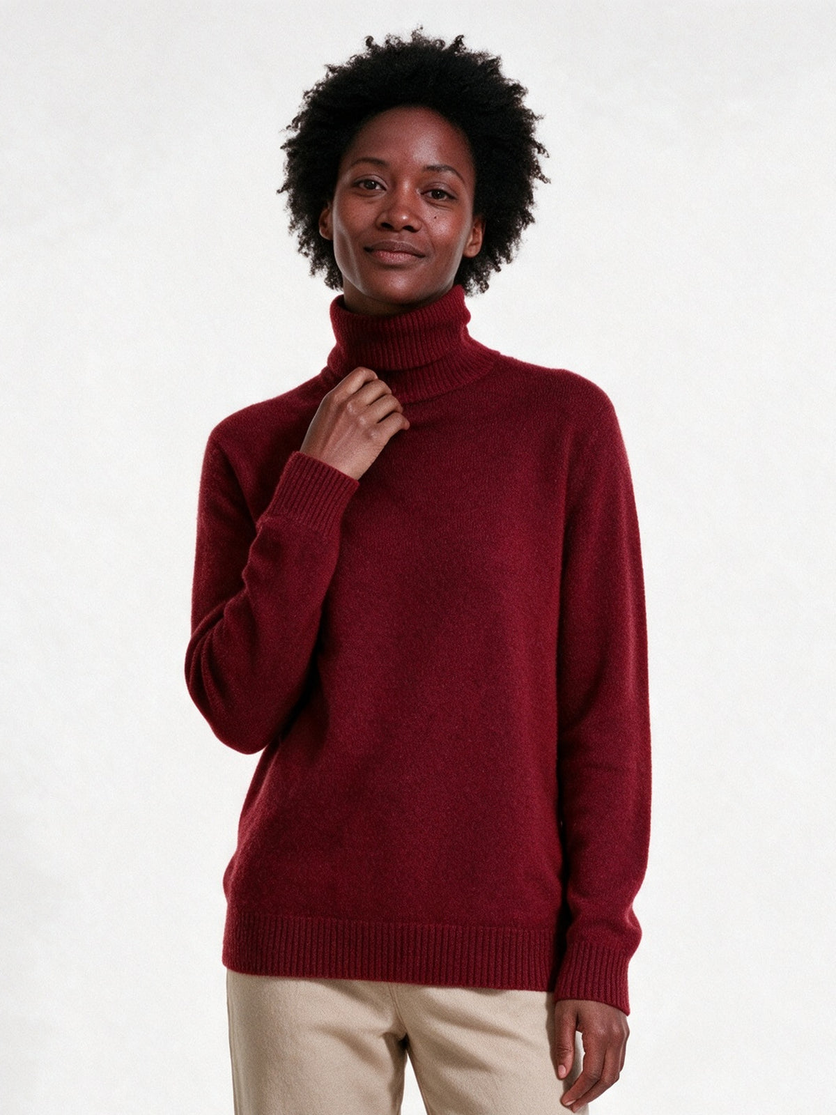 Heloisa - Women's Soft Fine Knit High Neck Sweater - Burgundy