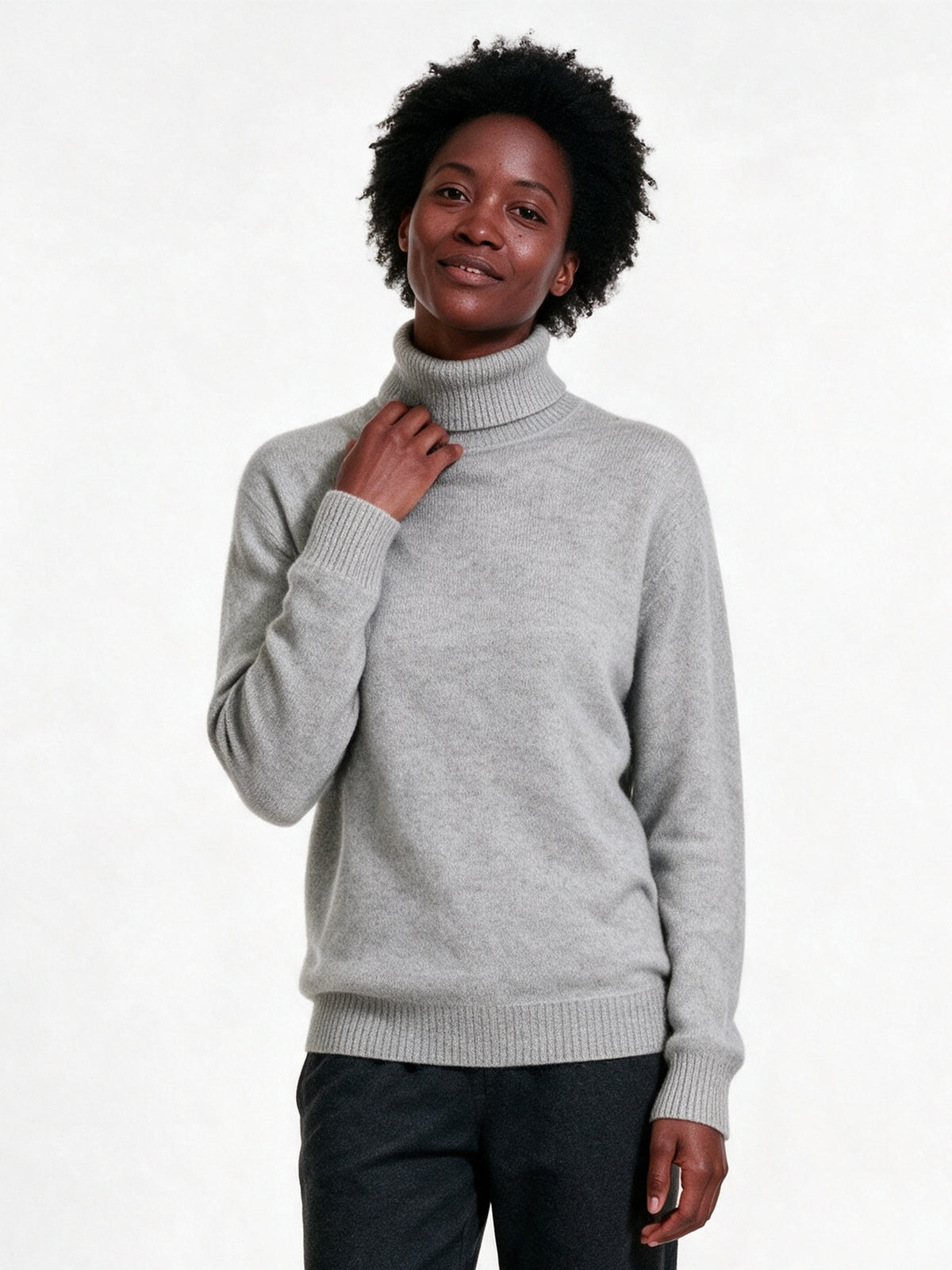 Heloisa - Women's Soft Fine Knit High Neck Sweater - Light Gray