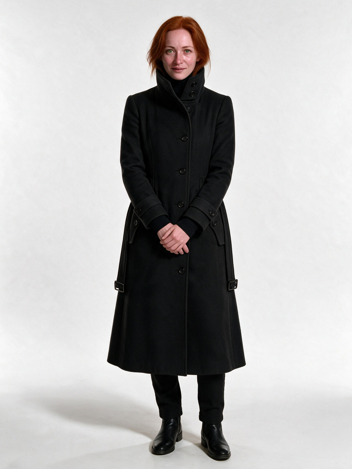 Henriette - Women's Funnel Collar Button Front Coat - Black