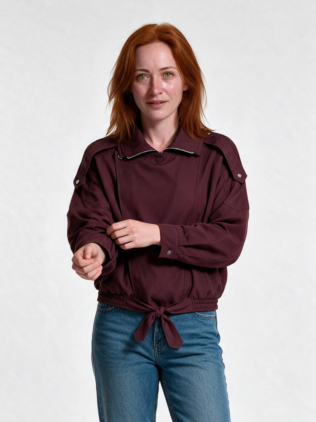 Henrike - Women's Wide Collar Asymmetric Zip Bomber Jacket - view 1