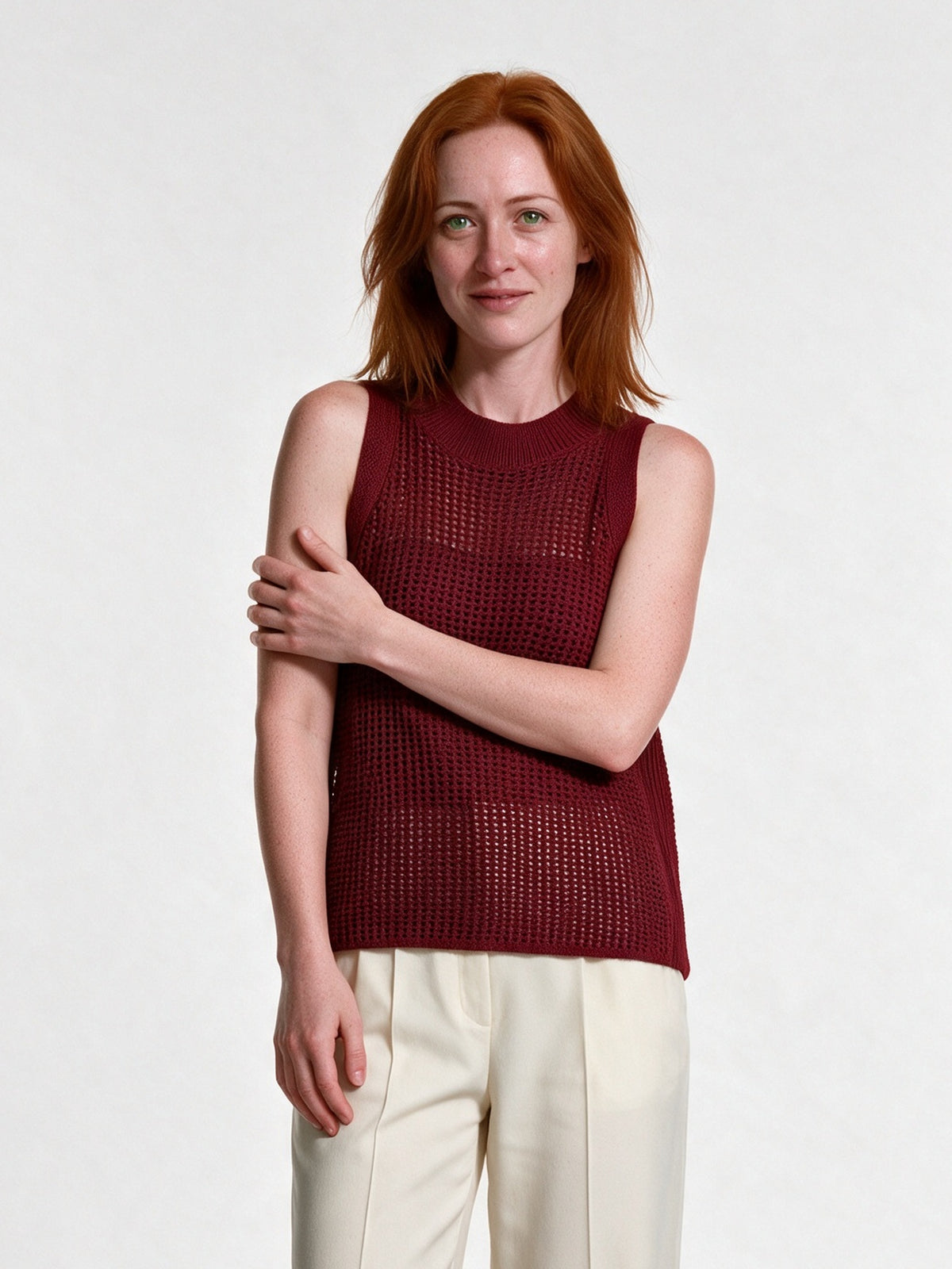 Hollis - Open Knit Crew Neck Tank Top - Burgundy