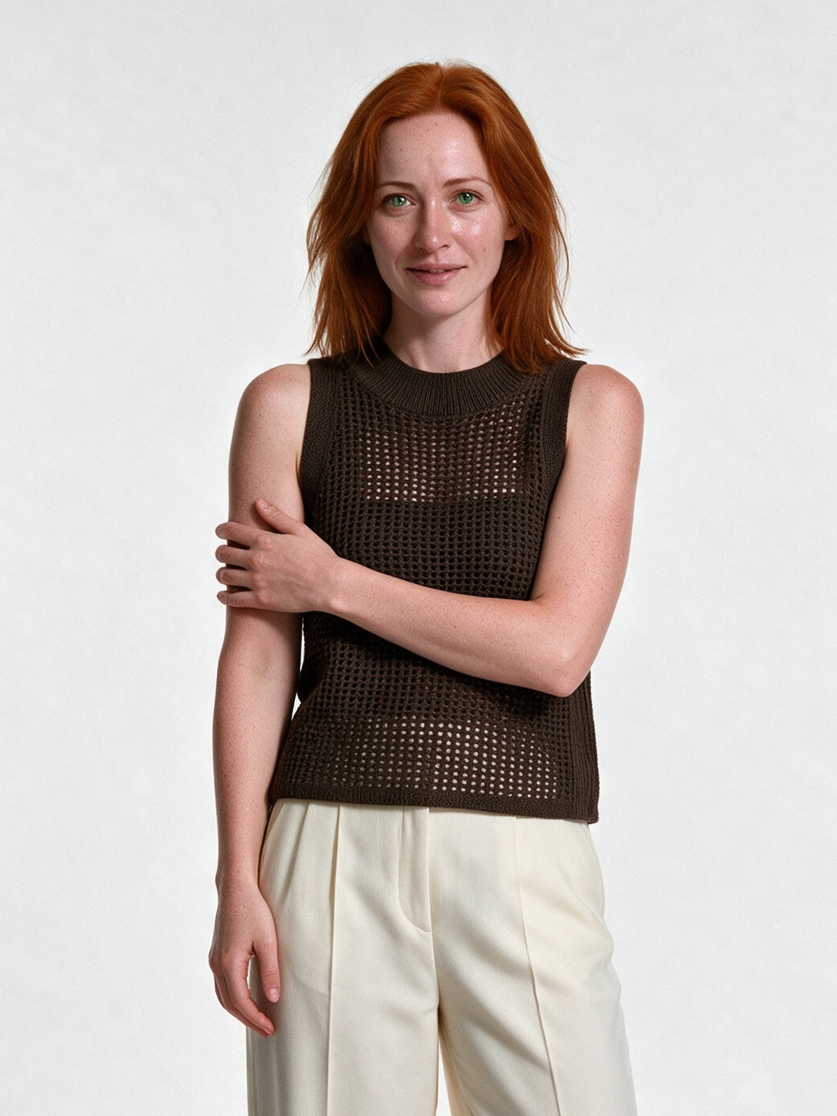 Hollis - Open Knit Crew Neck Tank Top - Chocolate