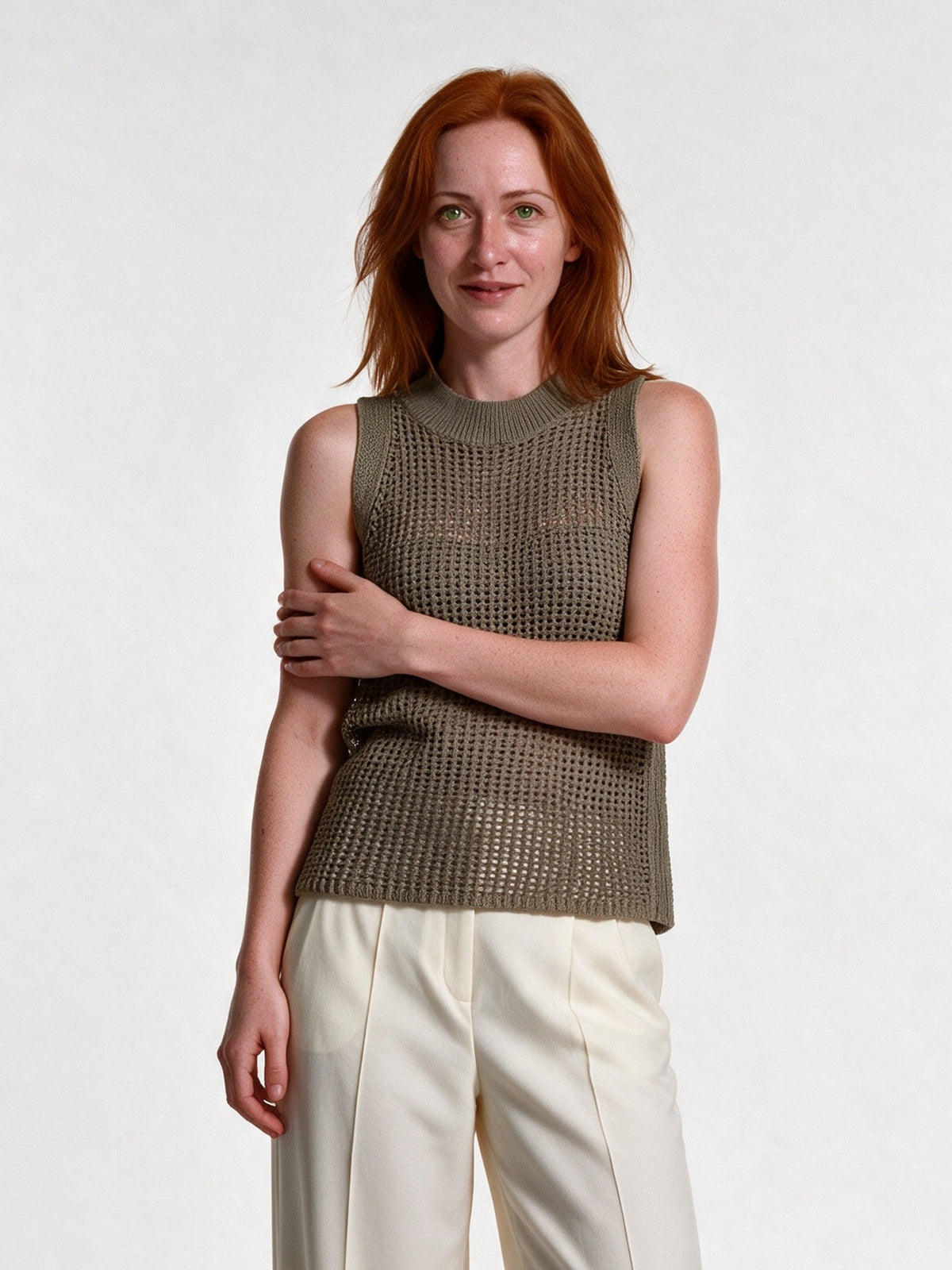 Hollis - Open Knit Crew Neck Tank Top - Taupe