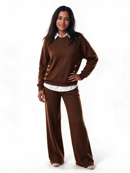 Honora - Women's Gold Button Sweater and Wide Leg Trouser Set - Brown
