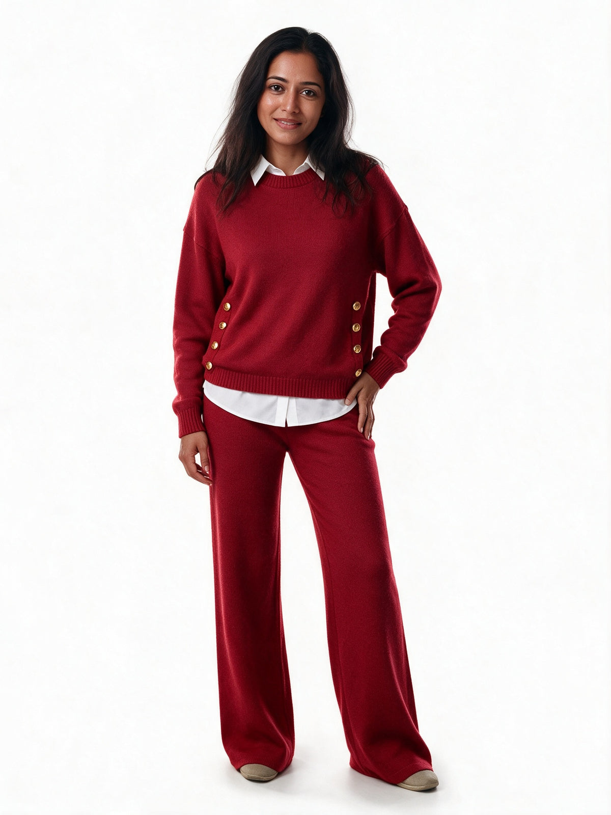 Honora - Women's Gold Button Sweater and Wide Leg Trouser Set - Red