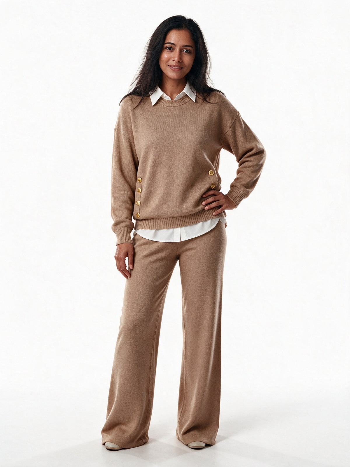 Honora - Women's Gold Button Sweater and Wide Leg Trouser Set - view 1