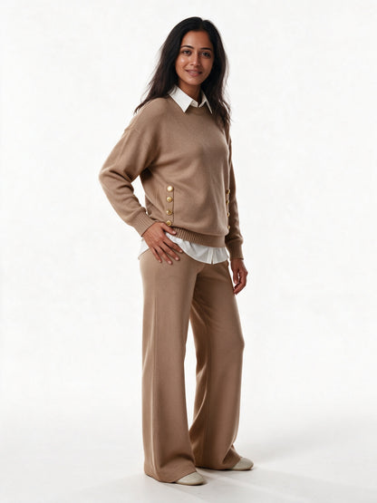 Honora - Women's Gold Button Sweater and Wide Leg Trouser Set - view 2