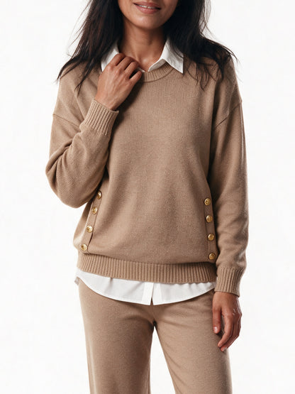 Honora - Women's Gold Button Sweater and Wide Leg Trouser Set - view 3