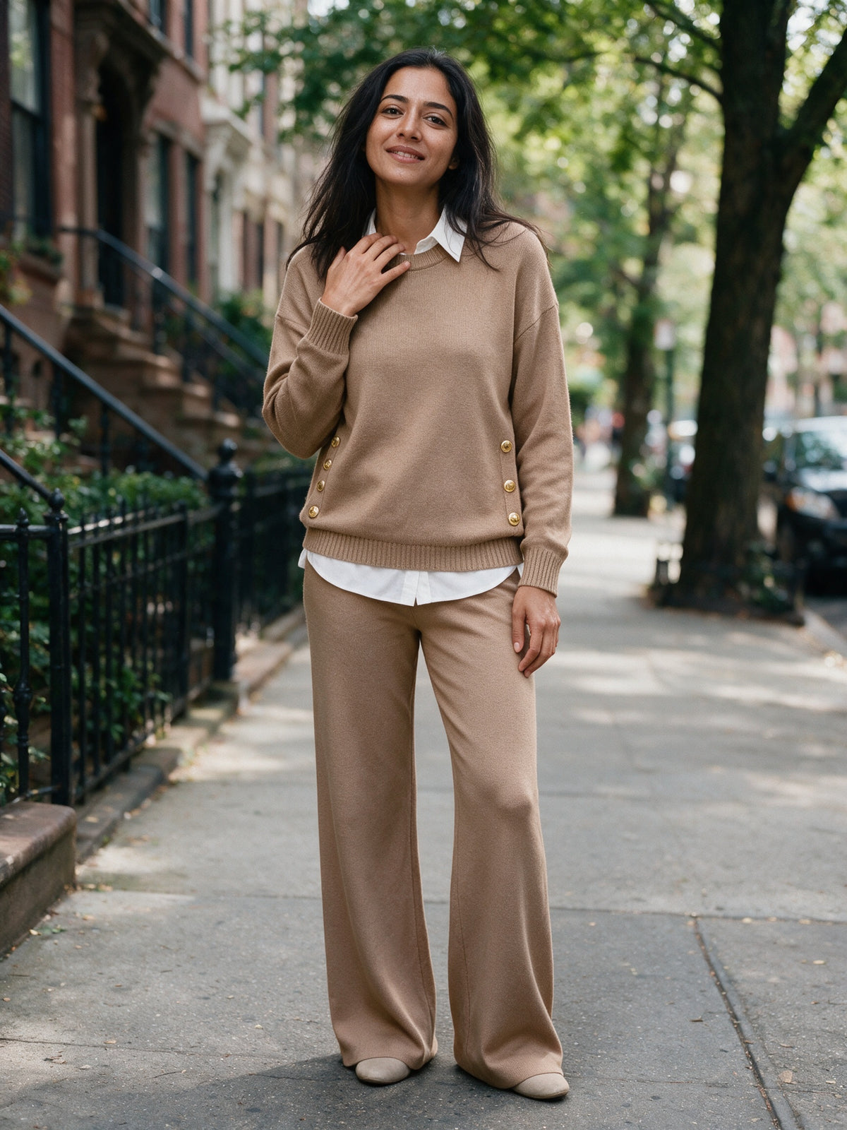Honora - Women's Gold Button Sweater and Wide Leg Trouser Set - view 4