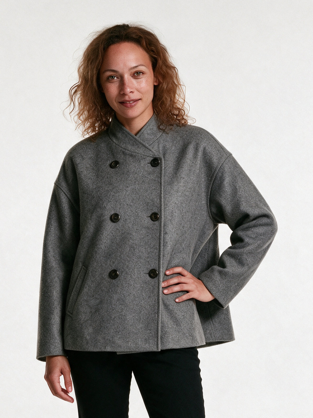 Imogen - Elegant Double-Breasted Swing Jacket - Grey