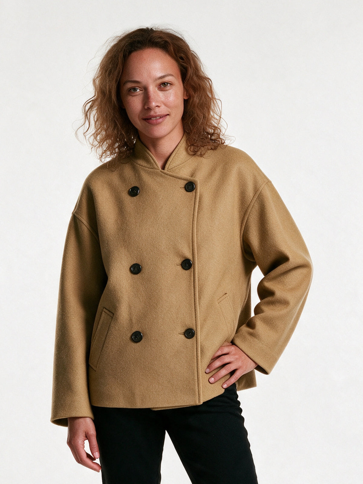 Imogen - Elegant Double-Breasted Swing Jacket - Khaki