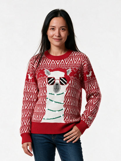 Ines - Women's Llama Sweater with Optional Lights - Red with Lights