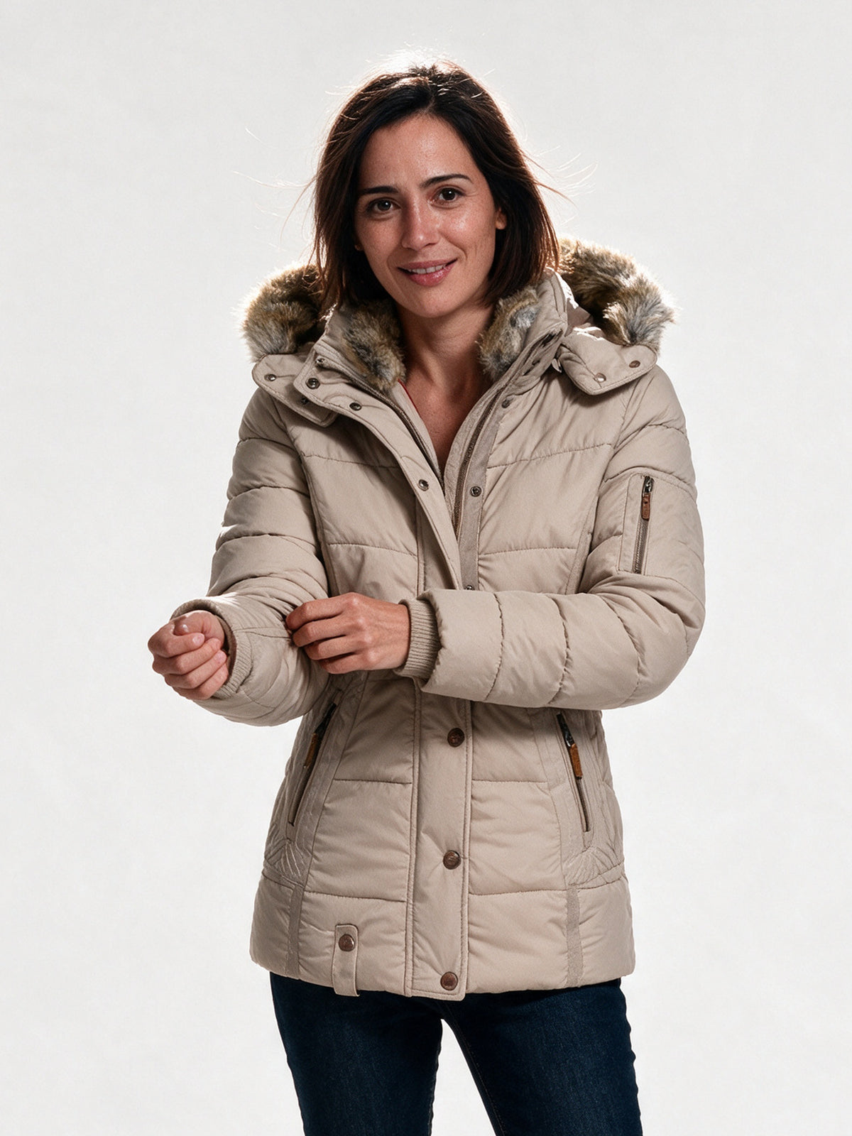 Ingrid - Women's Quilted Hooded Jacket with Lined Hood - Beige