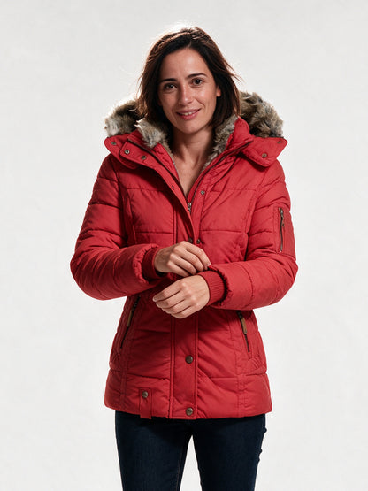 Ingrid - Women's Quilted Hooded Jacket with Lined Hood - Red