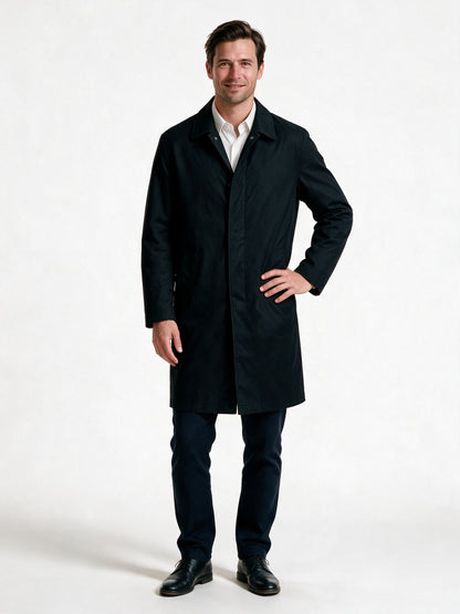 Isaac - Men's Long Button Front Coat with Notch Lapel - Black