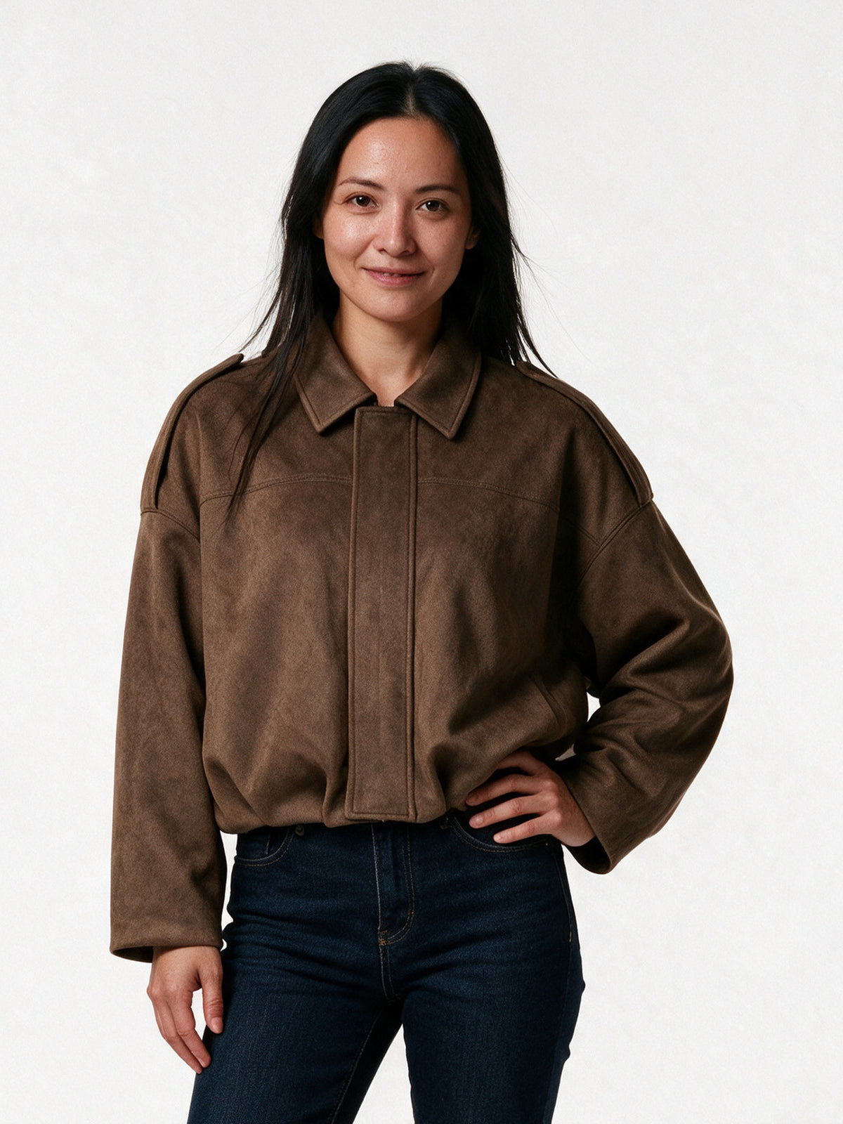 Ivonne - Women's Oversized Collared Bomber Jacket - Brown