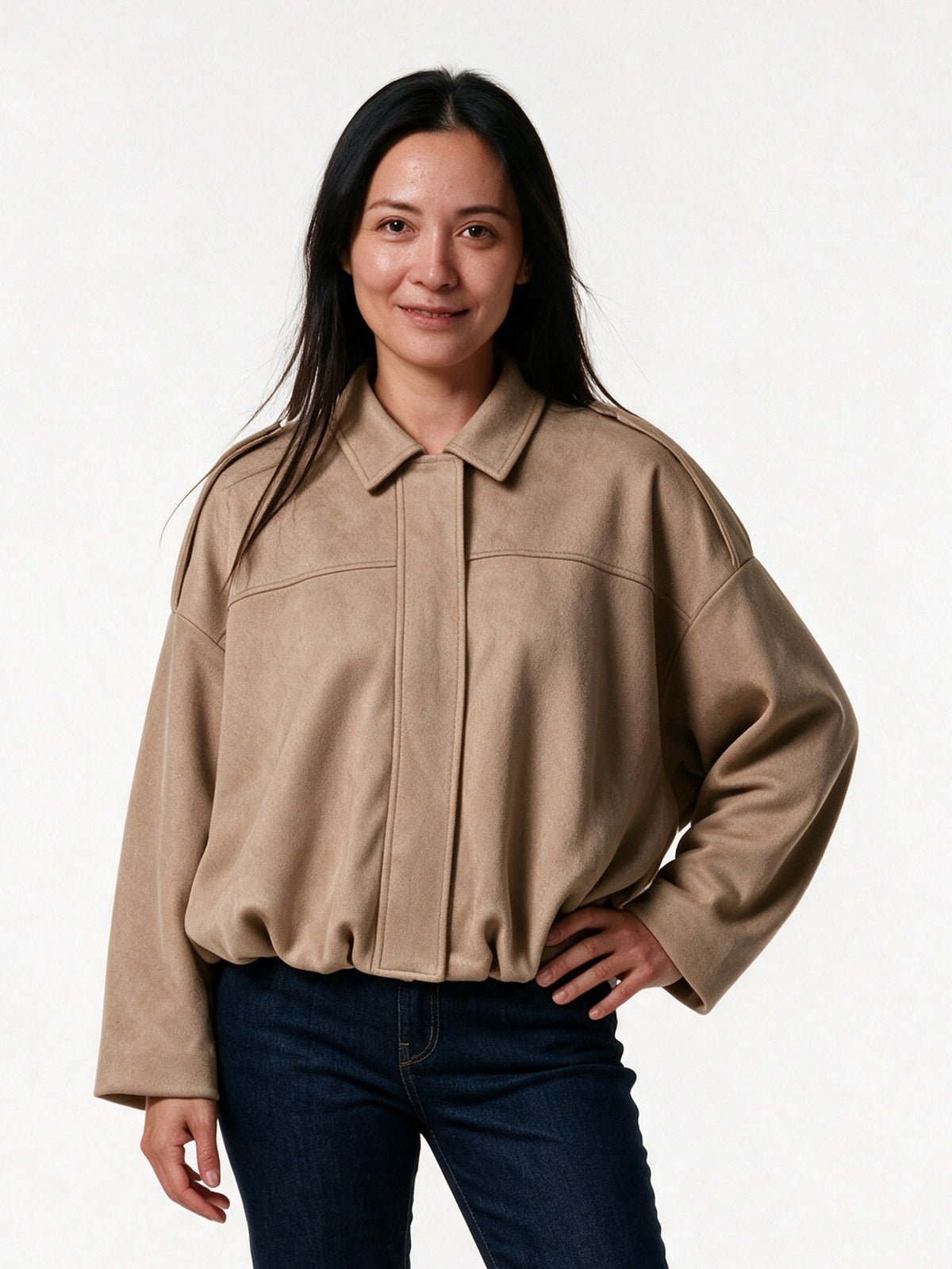 Ivonne - Women's Oversized Collared Bomber Jacket - Camel
