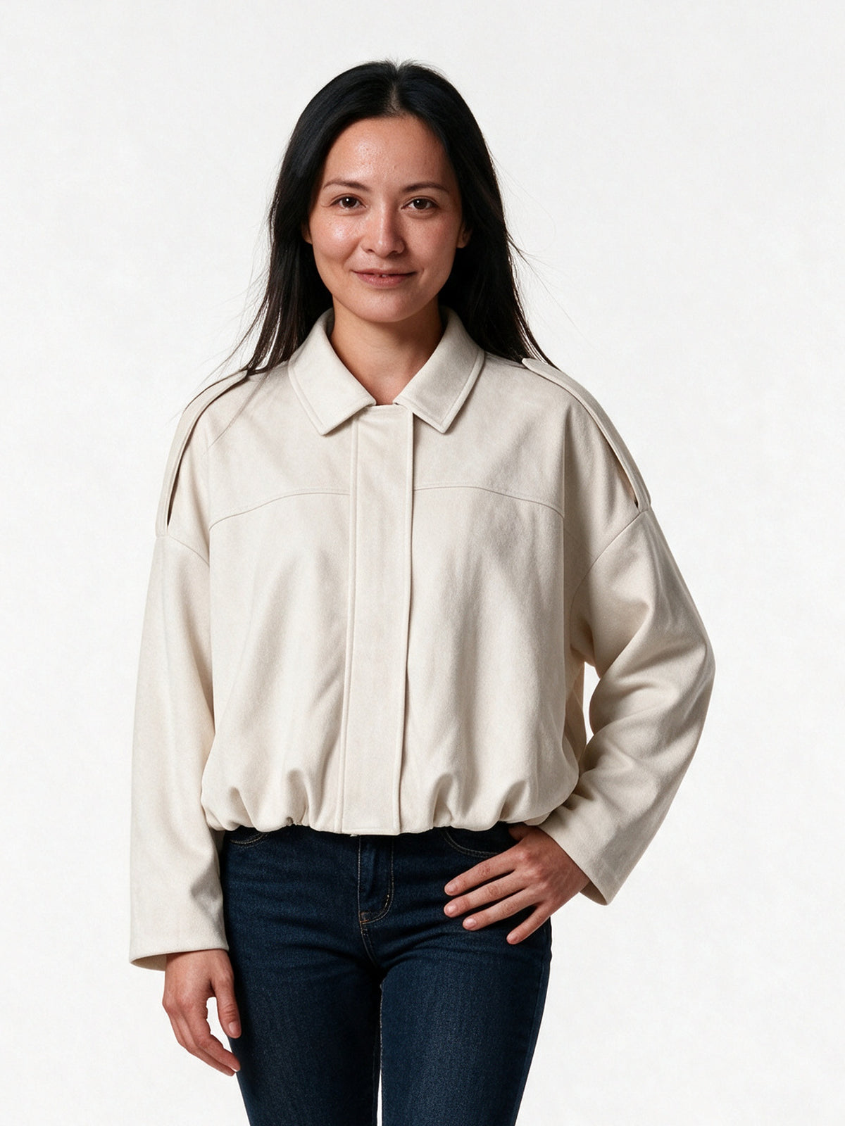 Ivonne - Women's Oversized Collared Bomber Jacket - Cream