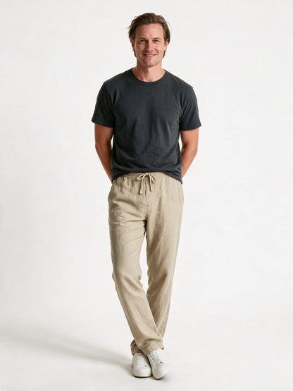 Jonas - Men's Lightweight Relaxed Drawstring Trousers - Khaki