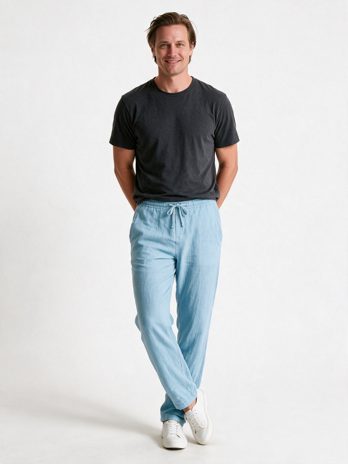 Jonas - Men's Lightweight Relaxed Drawstring Trousers - Light Blue