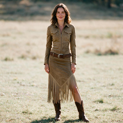 Jordan - Suede Fringe Western Midi Dress