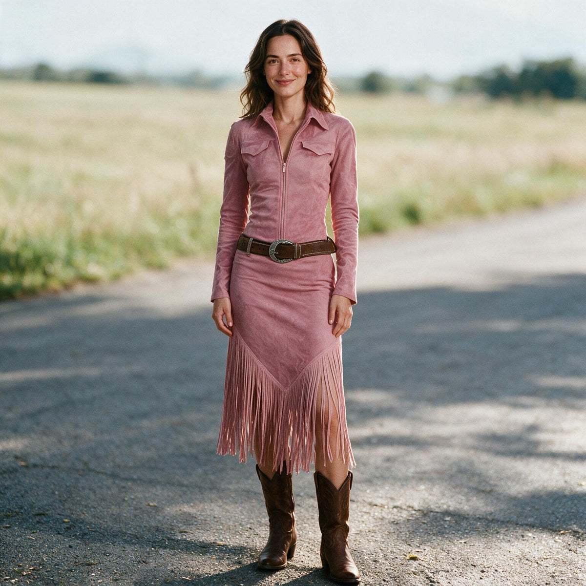Jordan - Suede Fringe Western Midi Dress