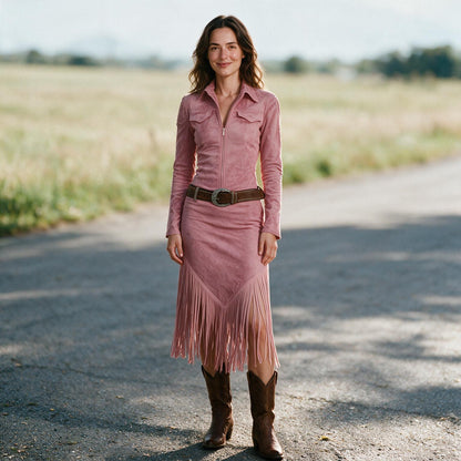 Jordan - Suede Fringe Western Midi Dress