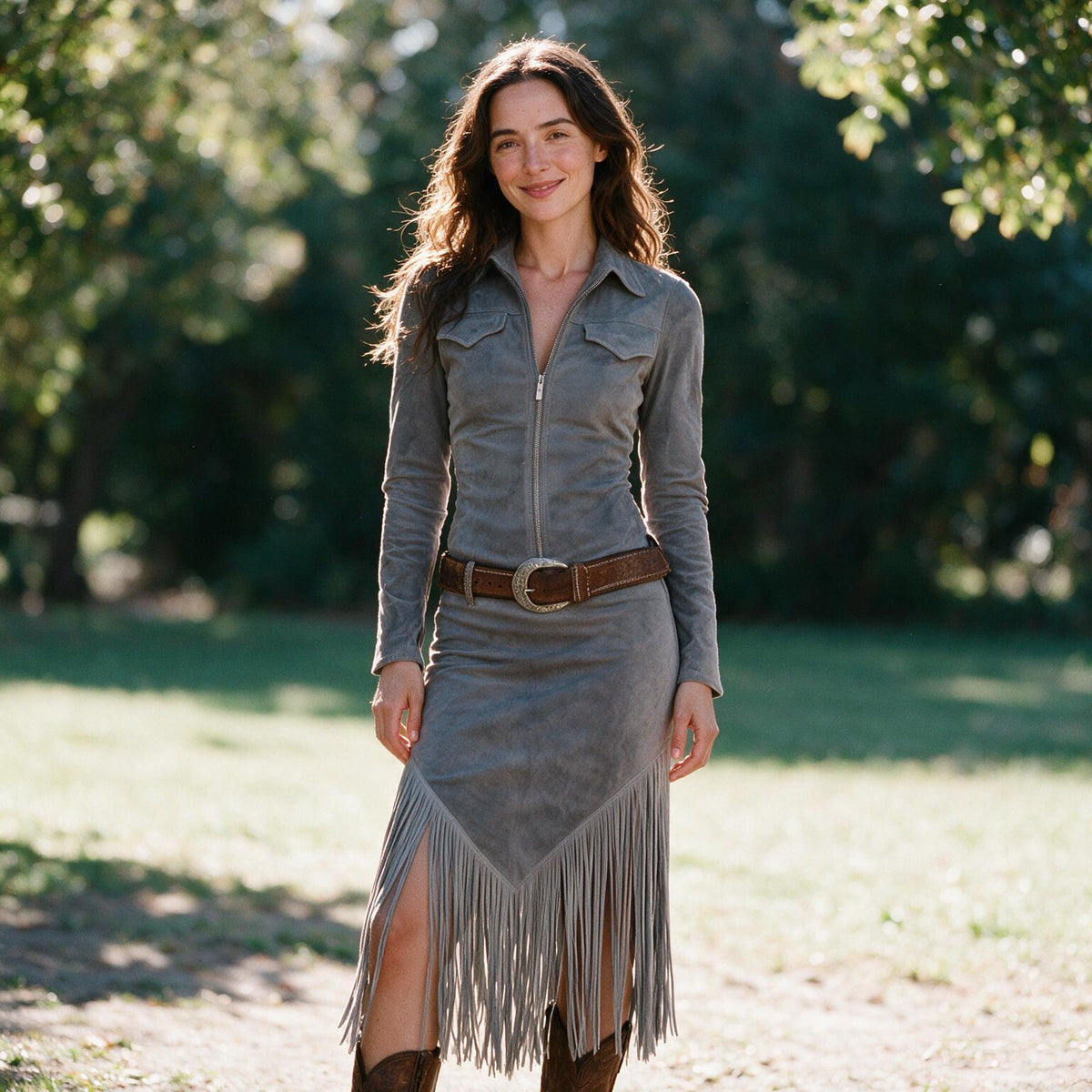 Jordan - Suede Fringe Western Midi Dress