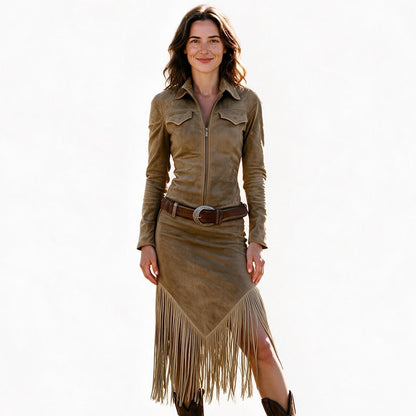 Jordan - Suede Fringe Western Midi Dress