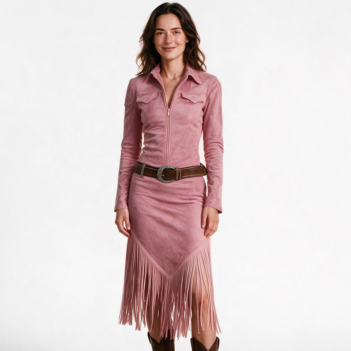 Jordan - Suede Fringe Western Midi Dress