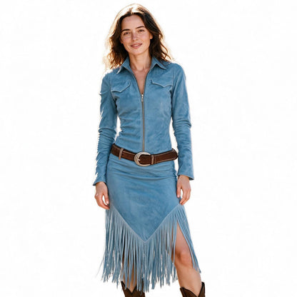 Jordan - Suede Fringe Western Midi Dress