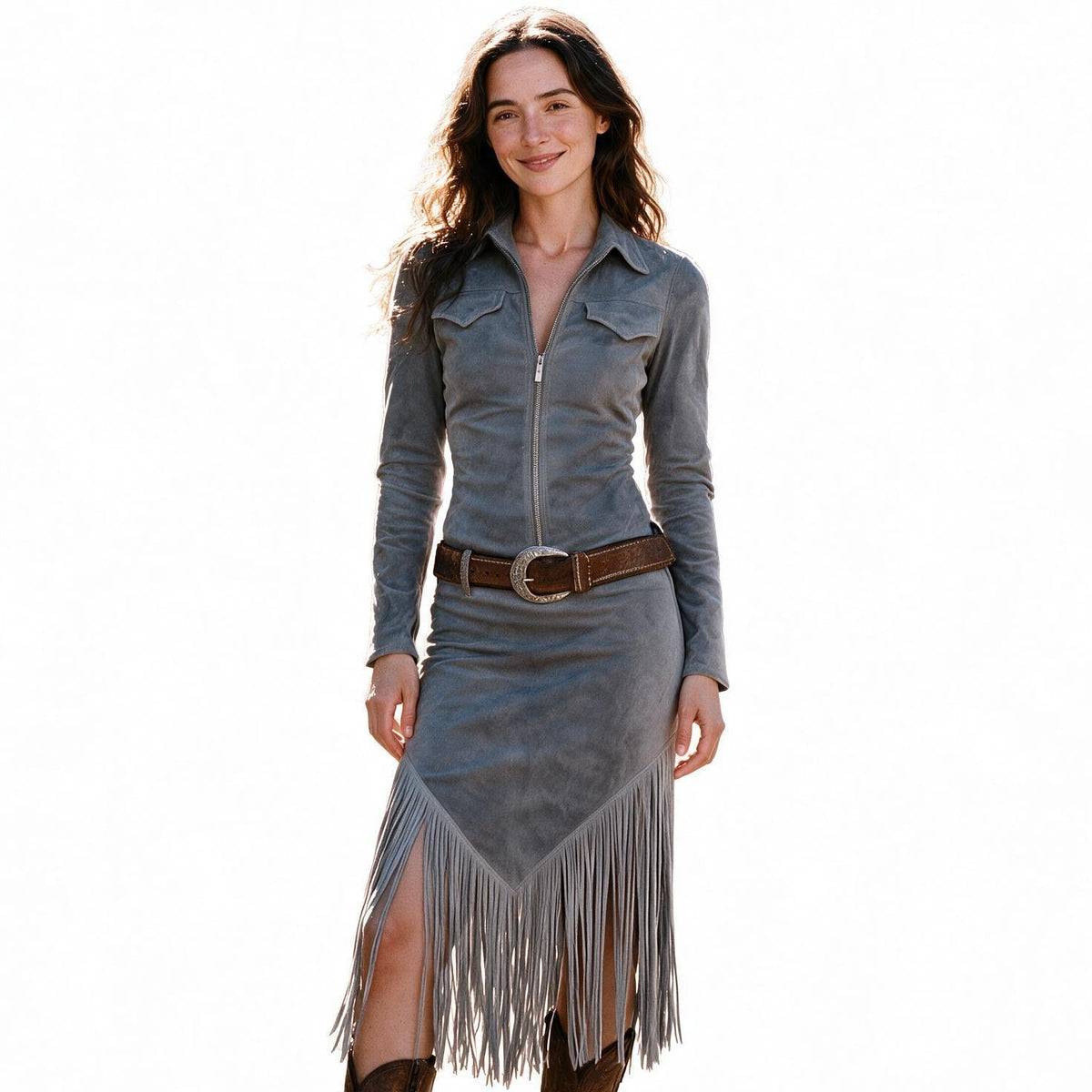 Jordan - Suede Fringe Western Midi Dress