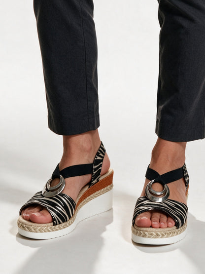 Juno - Women's Ring Strap Espadrille Wedge Sandals - Black Zebra