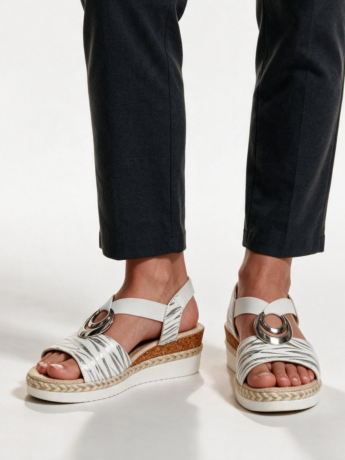 Juno - Women's Ring Strap Espadrille Wedge Sandals - White Zebra