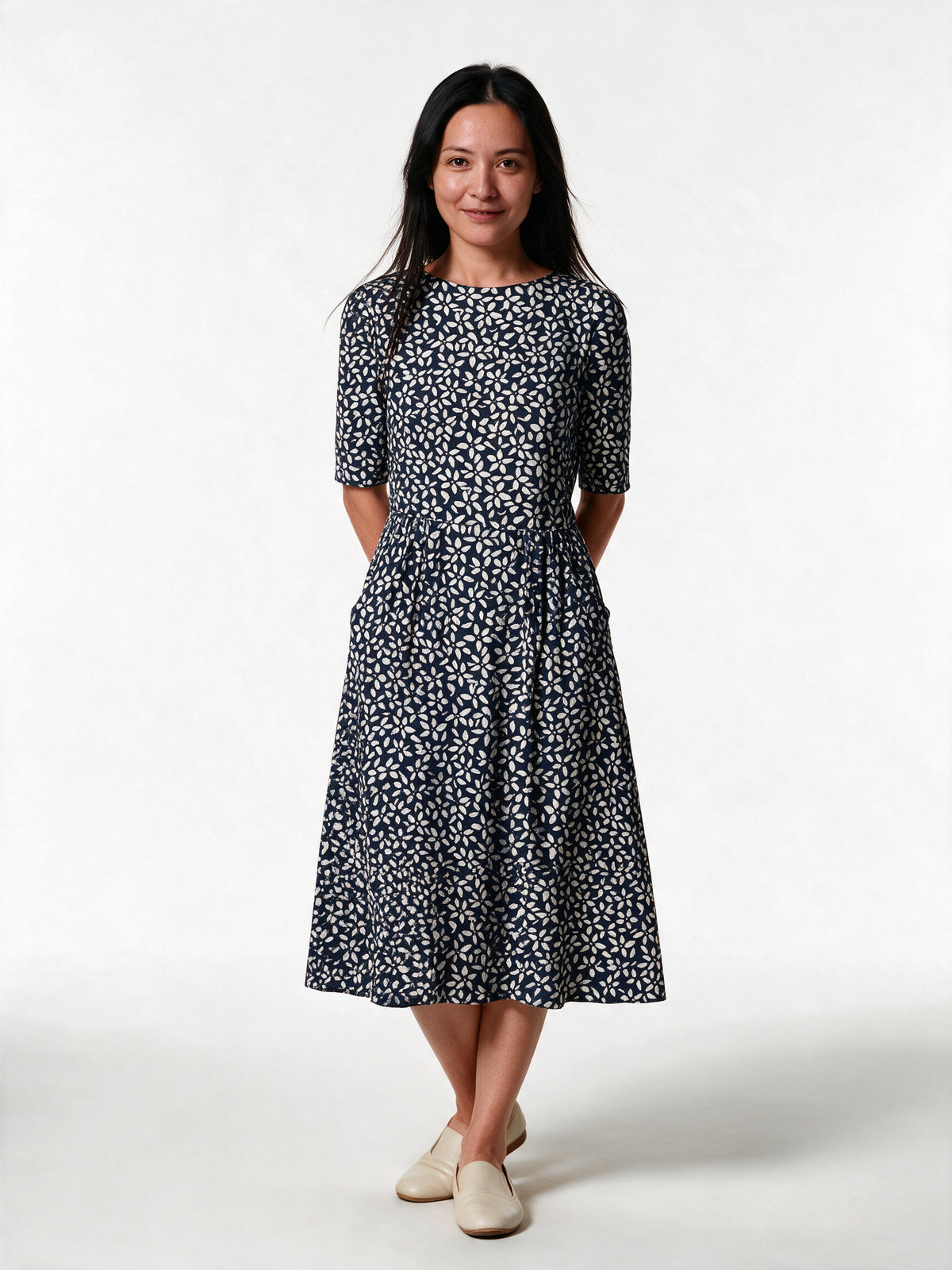 Karelieth - Printed Half Sleeve Midi Dress with Pockets - Dark Blue