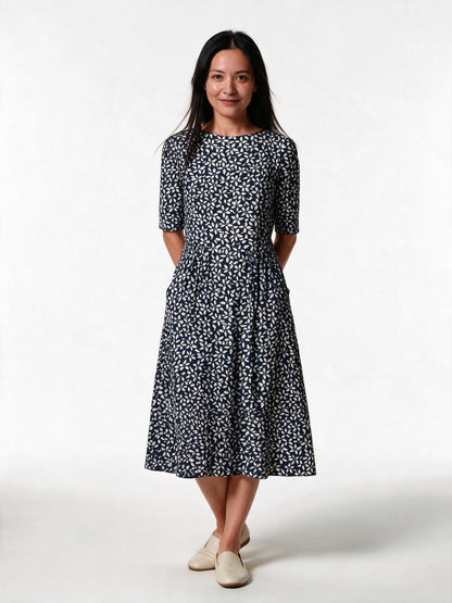 Karelieth - Printed Half Sleeve Midi Dress with Pockets - Dark Blue