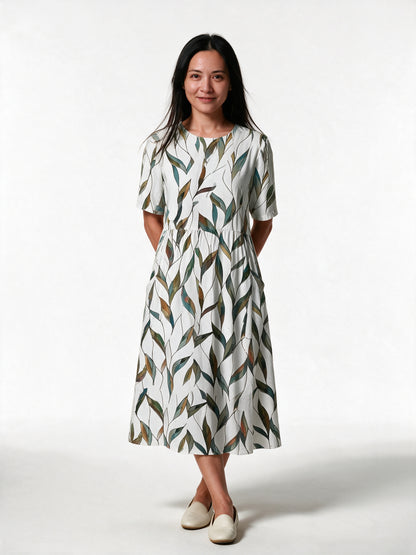 Karelieth - Printed Half Sleeve Midi Dress with Pockets - Green