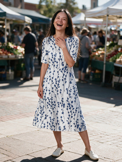 Karelieth - Printed Half Sleeve Midi Dress with Pockets - view 4