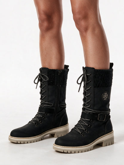 Kerstin - Women's Knit Cuff Lace Up Buckle Boots - Black