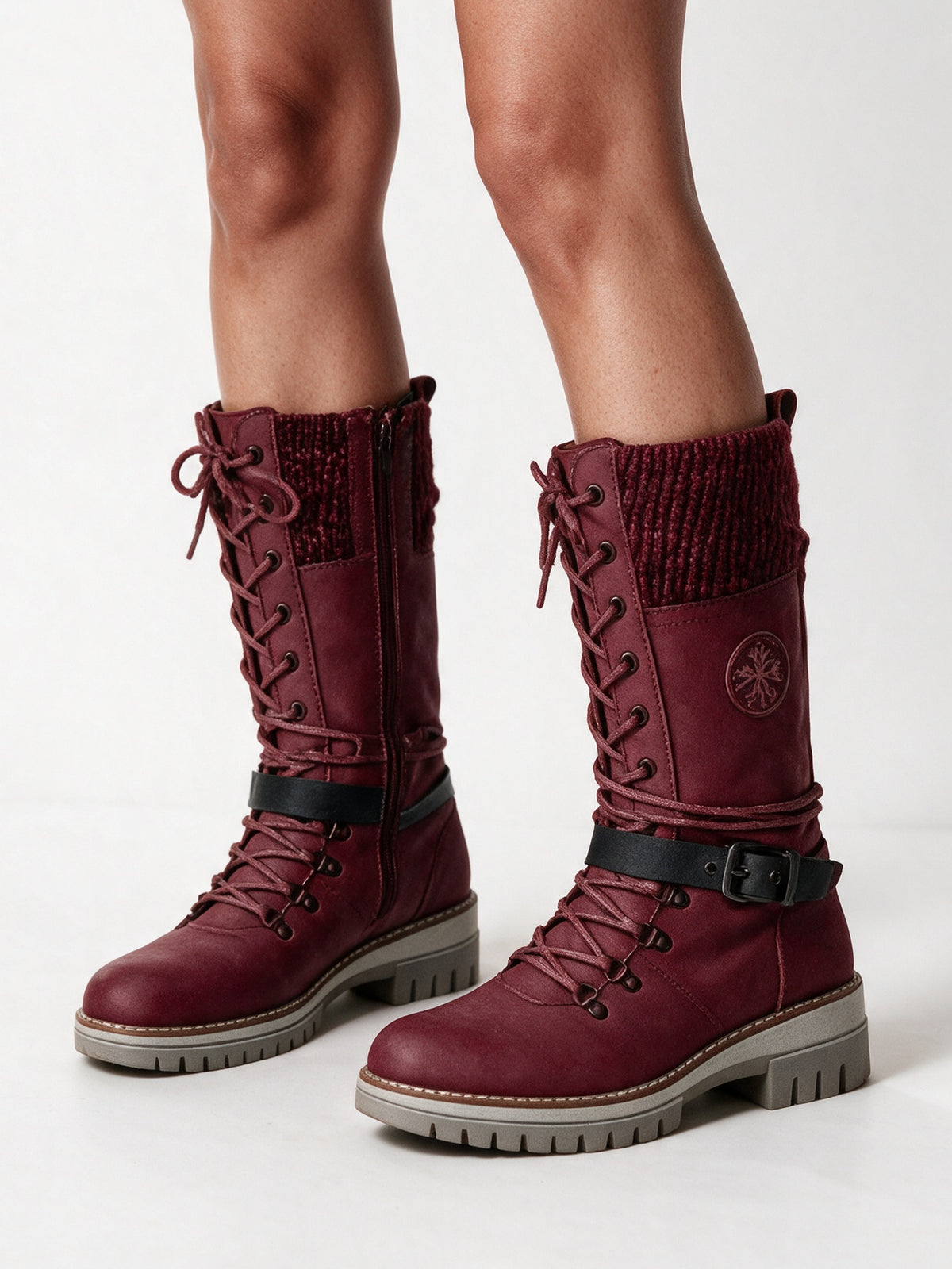 Kerstin - Women's Knit Cuff Lace Up Buckle Boots - Burgundy