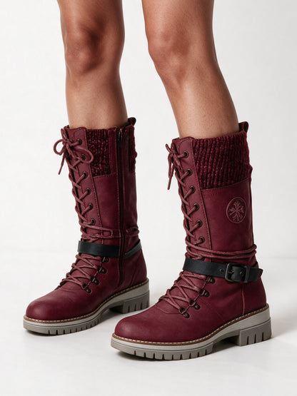 Kerstin - Women's Knit Cuff Lace Up Buckle Boots - Burgundy
