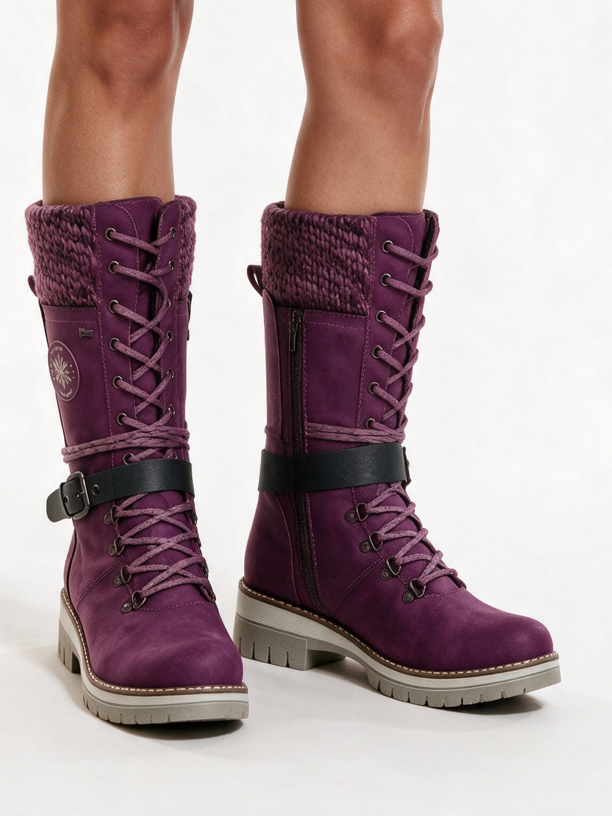 Kerstin - Women's Knit Cuff Lace Up Buckle Boots - Plum